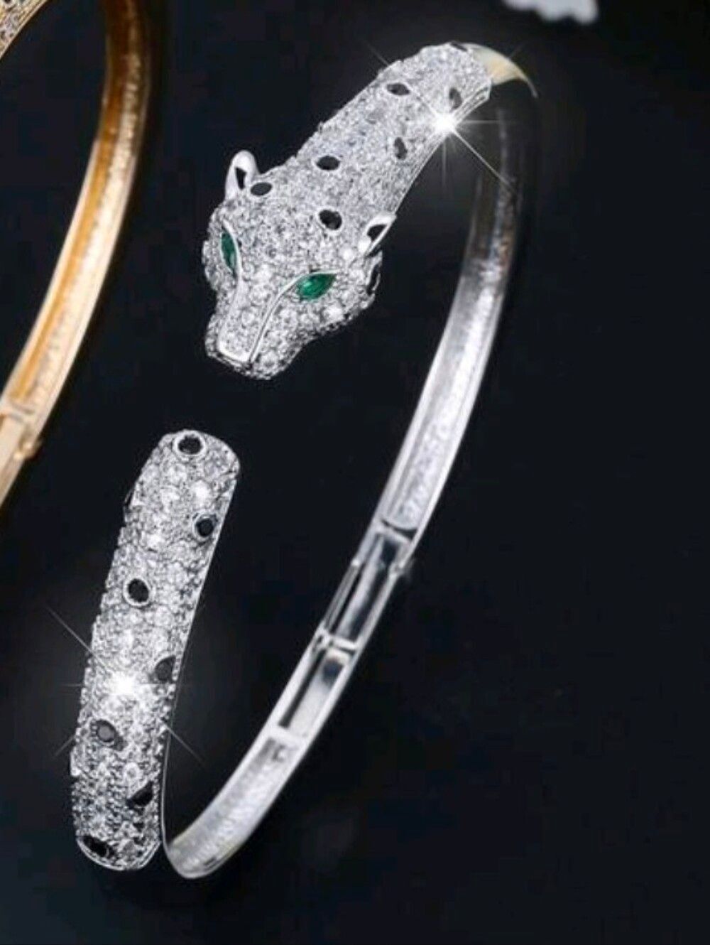 Elegant Silver Diamond Leopard Head Bangle Bracelet